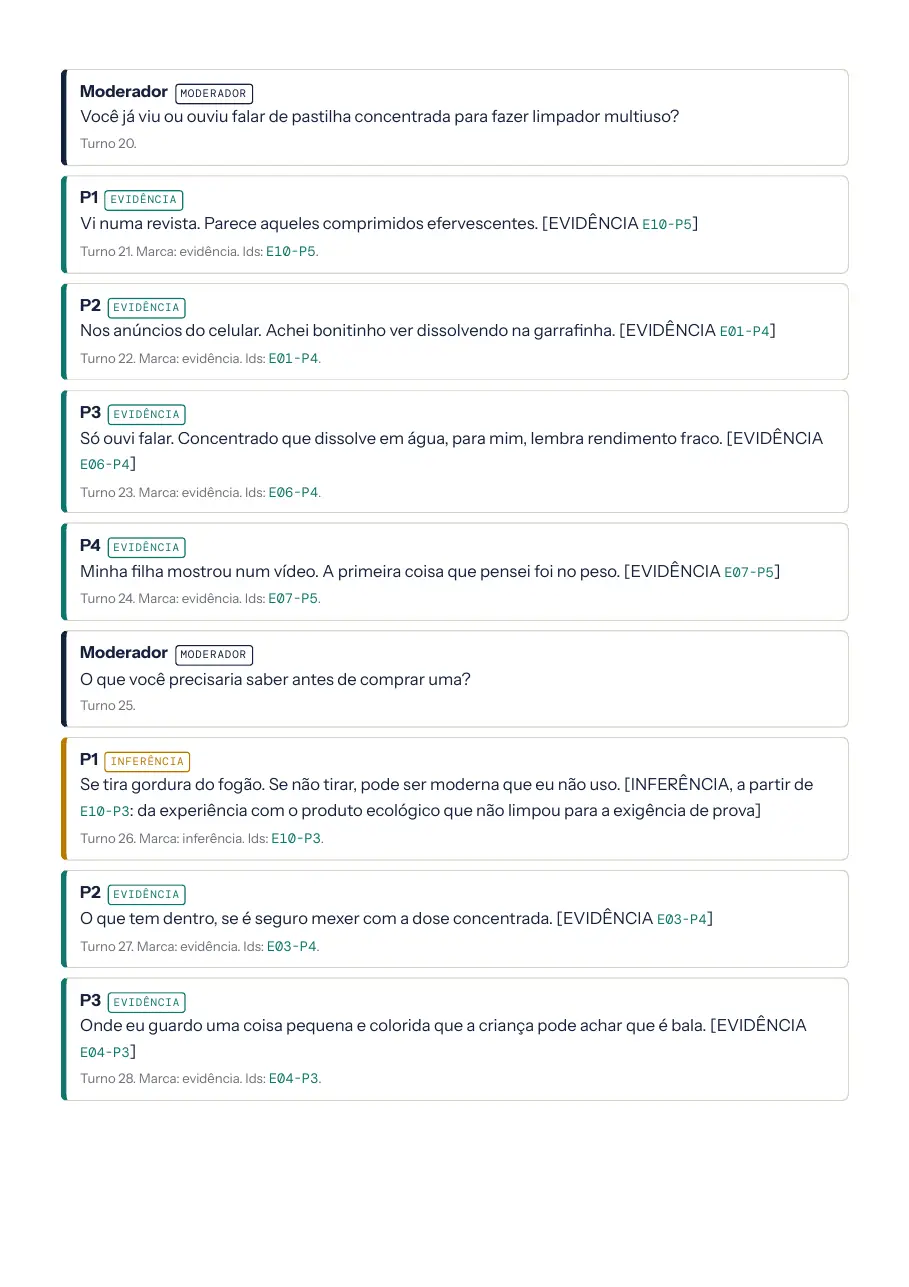 Página do documento Grupos do estudo com falas do bloco 2, cada uma com a marca de evidência ou inferência, o turno e os ids