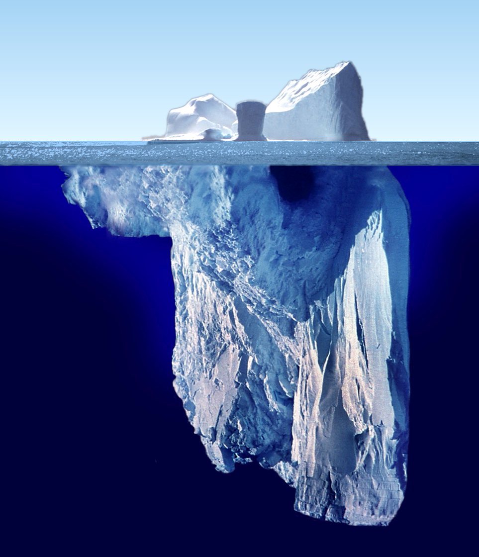 Fotografia de um iceberg com a parte submersa, muito maior, visível sob a linha da água